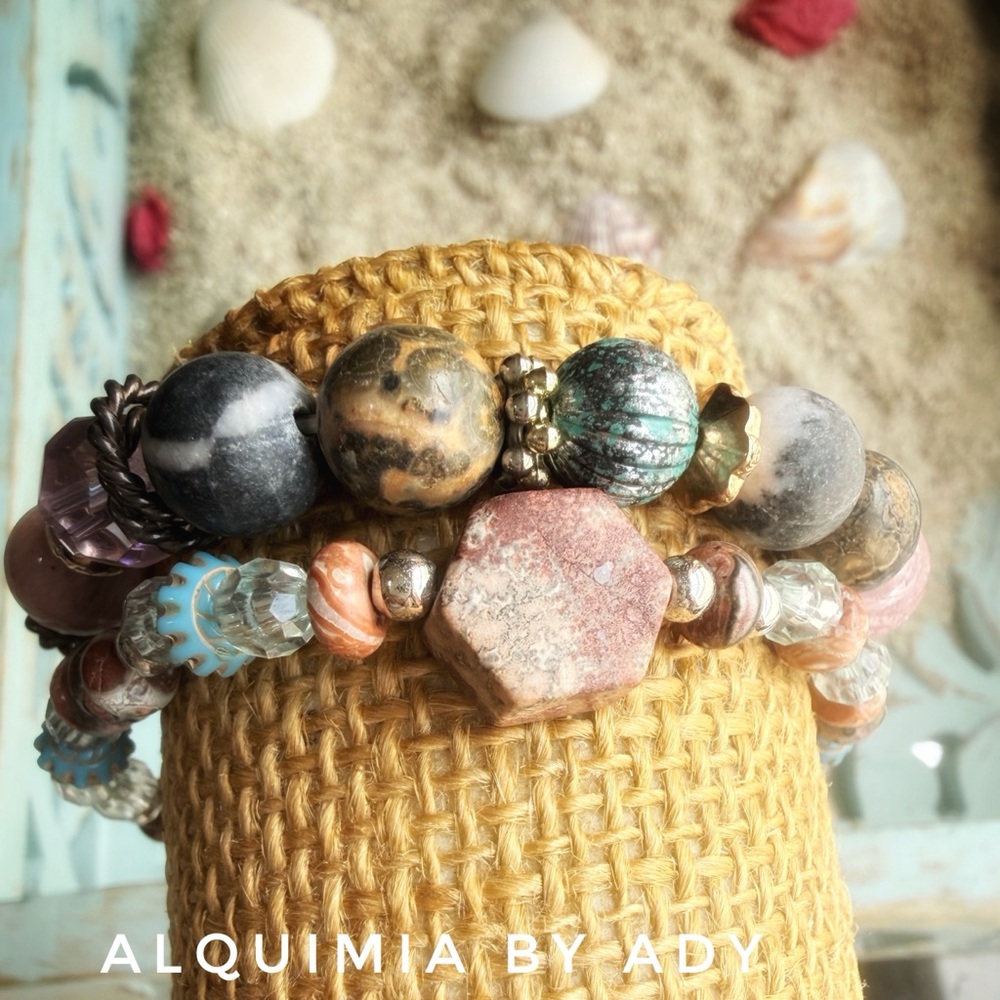 CURATED DUO Pink and Multicolor Natural Stone Stretch Bracelet Set